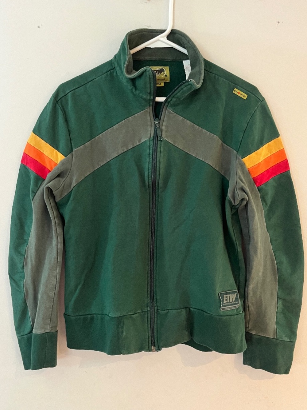 Vintage Energie Cotton Jacket green with rainbow stripes, Large
